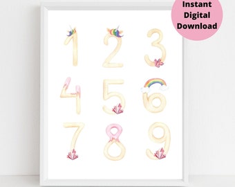 Pastel Unicorn Numbers Wall Art, Téléchargement numérique instantané, Décor de salle de jeux imprimable, Impression de numéros éducatifs, Chambre de filles, Décor de pépinière