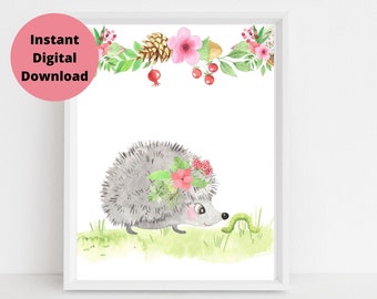 Girls Hedgehog Bedroom Art, HEDGEHOG Print, Pink Floral Wall Art, Boho Flower Decor, Instant Woodland Download, Watercolor Forest Animal