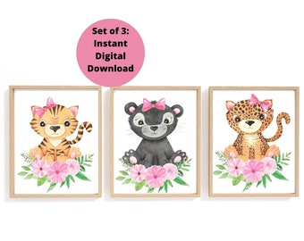 TIGER Print, PANTHER Print, LEOPARD print, Set of 3 Instant Download, Animal Art Printable, Girl Floral Safari Nursery Wall Art set of 3 Print
