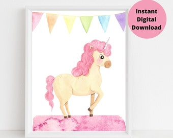 Printable Rainbow Flag Licorne Art, Licorne Wall Art, Décor de chambre de filles, Impression de pépinière de licorne, Décor de pépinière, Chambre de filles, Cadeau de bébé