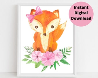 Floral Fox Digital Print, Girls Room Decor, Printable Art for Girls, Kids Room Art Animals, Nursery Prints, Animal Digital Prints