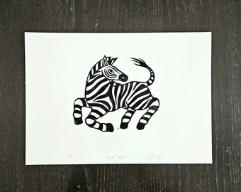 Horse Tiger - Zebra Original Lino Print