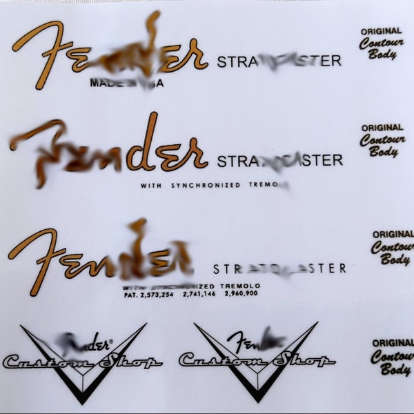 6 Waterslide decal - Fend@r str@tocaster headstock logo (3x spagetti yl variation) - NEW PRINT