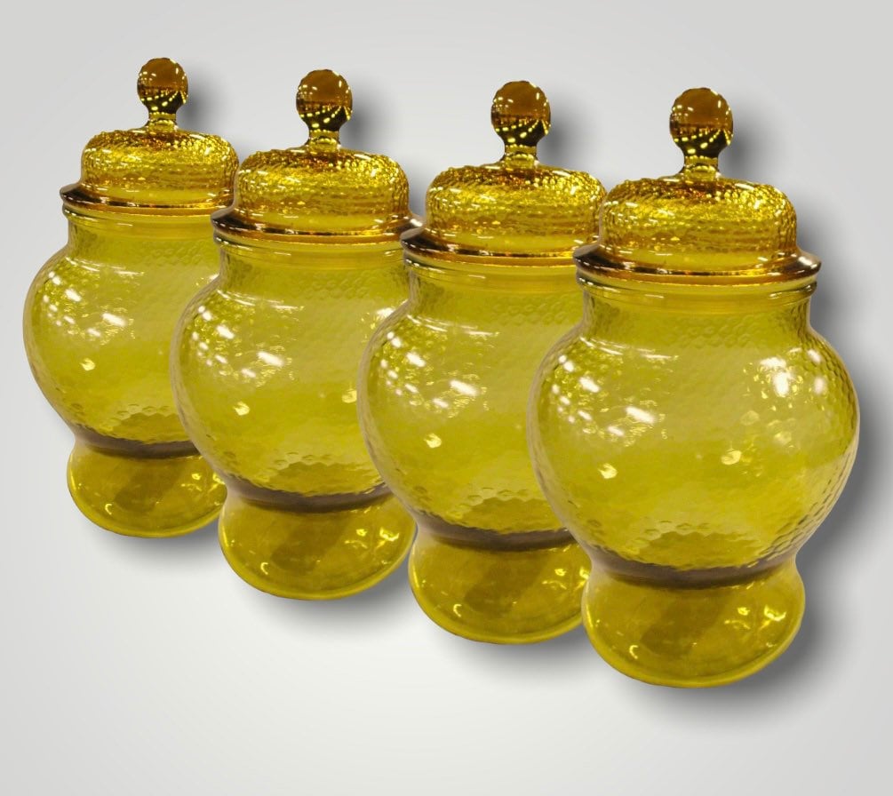 Vintage Amber Tinted Etched Glass Apothecary Jars Lidded Set Of