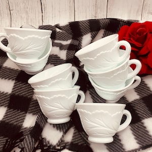 1950s Vintage Indiana White Milk Glass 8pcs Punch Cups- Tea Cups - White Pebbled Leaves