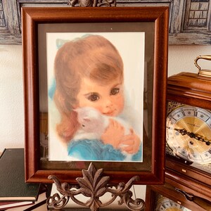 Vintage 1960s  Framed Northern Tissue Girl Pastel Print Darling Wide Eyes - Girl With Kitty- Little Girl Decor- Nostalgic Vintage Print