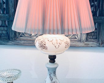 Vintage Mid-Century White Milk Glass and Wood Table Lamp