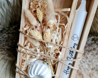 Geschenkebox aus Holz I Raysin-Kerzenhalter I Mini -Trockenblumenstrauß I Geschenk I