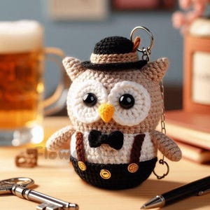 Crochet Bartender Owl Keychain Pattern, 3 Inch Amigurumi (PDF Pattern)