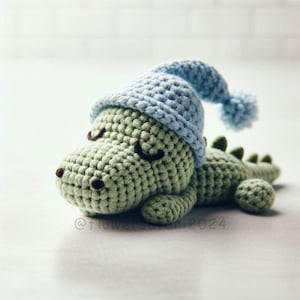May include: A green crocheted alligator wearing a light blue crocheted sleeping cap. The alligator has closed eyes and is lying on its side.