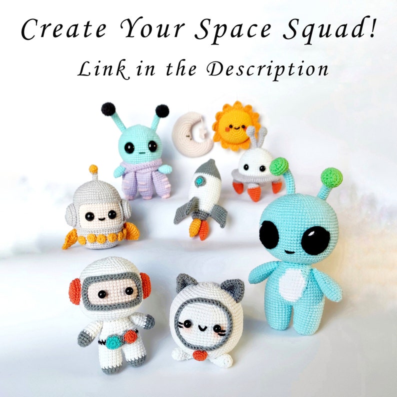 May include: A collection of crocheted space-themed toys, including a rocket, a spaceship, a cat, an astronaut, and two aliens. The toys are all white with colorful accents. The text "Create Your Space Squad! Link in the Description" is at the top of the image.
