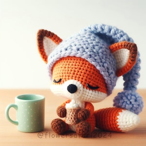 Pode incluir: Uma raposa de crochê usando um chapéu azul de tricô e segurando uma xícara marrom. A raposa está sentada em uma superfície de madeira.