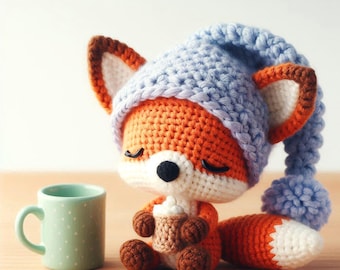 May include: A crocheted fox wearing a blue knitted hat and holding a brown cup. The fox is sitting on a wooden surface.
