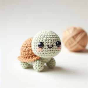 May include: A small crocheted turtle toy with a green shell and brown legs. The turtle has a smiling face with black eyes and pink cheeks.