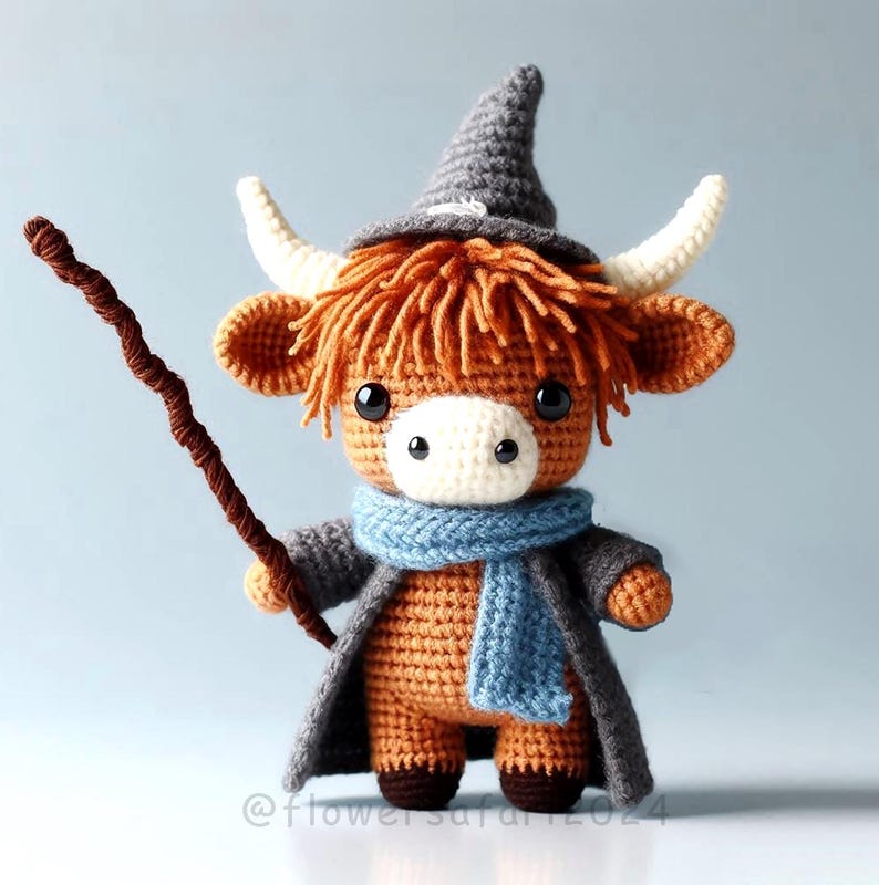 Pu&ograve; includere: Un giocattolo di peluche di mucca delle Highlands all'uncinetto che indossa un cappello da strega e una sciarpa blu, tenendo un bastone.