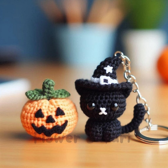 2 Inches Magical Cat and Pumpkin Crochet Pattern Set , Halloween Amigurumi Wizard Animal Crochet Keychain PDF , Beginner Tiny Sorcerer Ebook