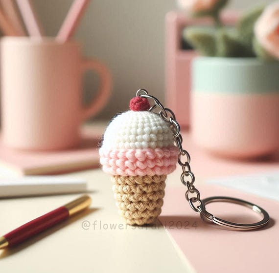Ice Cream Keychain Crochet Pattern, Mini Amigurumi Dessert (PDF Pattern)