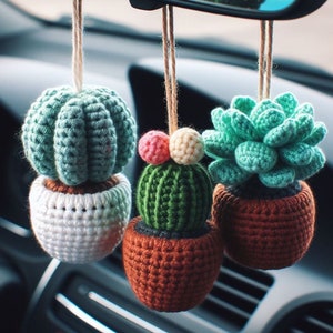 Car Hanging Plant Crochet Pattern Set of 3, Crochet Plants Pattern, Crochet Hanging Cactus Succulent. Hanging Basket Crochet