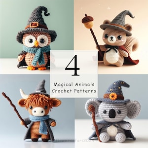 May include: Four crochet amigurumi patterns for magical animals wearing witch hats. The animals are an owl, a squirrel, a cow, and a koala. The patterns are titled "4 Magical Animals Crochet Patterns".