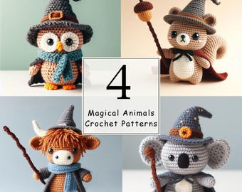 Puede incluir: Cuatro patrones de amigurumi de crochet para animales mágicos que llevan sombreros de bruja. Los animales son un búho, una ardilla, una vaca y un koala. Los patrones se titulan "4 Magical Animals Crochet Patterns".