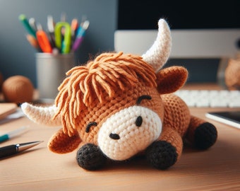 Highland Cow Crochet Pattern , Amigurumi Sleeping Cattle Animal Crochet PDF Ebook , Beginners Crochet Kids Toy Pattern