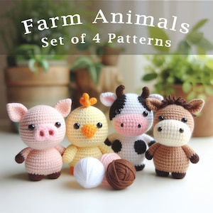 Set of 4 Farm Animals Crochet Pattern, Simple Amigurumi Donkey PDF Ebook , Beginners Crochet Cow, Chickk Pig Kids Toy Pattern