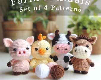 Set of 4 Farm Animals Crochet Pattern, Simple Amigurumi Donkey PDF Ebook , Beginners Crochet Cow, Chickk Pig Kids Toy Pattern