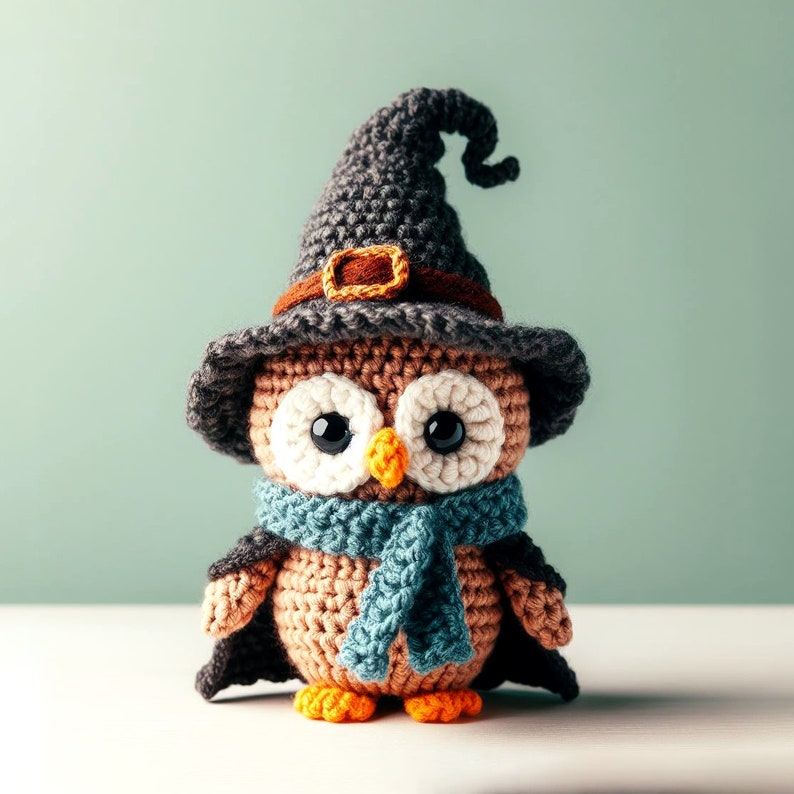 Op de afbeelding: Een gehaakte uil met een heksenhoed en een blauwe sjaal. De uil is bruin met oranje voeten en heeft grote, zwarte ogen.