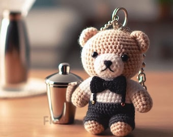 Bear Keychain Crochet PDF Pattern, Funny Bartender Bear Beginners Mini Amigurumi Animal, Crochet Easy Kids Nursery Toy Pattern