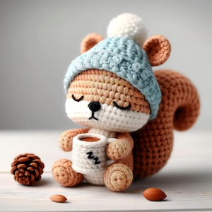 Sleepy Squirrel Crochet Pattern , Amigurumi Christmas Forest Animal Crochet PDF Ebook , Beginners Small Crochet Coffee Tea Kids Toy Pattern