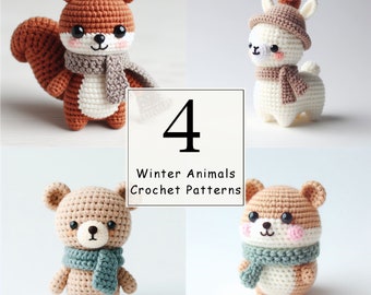 Set of 4 Winter Tiny Crochet Animals Pattern , Amigurumi Mini Forest Squirrel Hamster Crochet , Beginners Small Lama Crochet, Bear Crochet