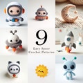9 Space Crochet Pattern Set , Simple Amigurumi Mini Alien Rocket PDF Ebook , Beginners Crochet Sun Moon Kids Toy Pattern ,