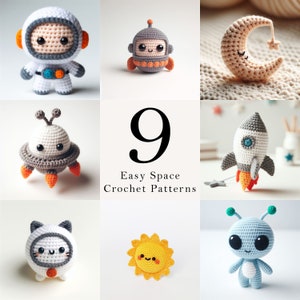 Puede incluir: Nueve patrones de crochet fáciles para juguetes amigurumi con temática espacial. Los patrones incluyen un astronauta blanco, un robot gris, un sol amarillo, una nave espacial gris, un extraterrestre azul, un cohete gris, un astronauta gato blanco, una luna gris y un OVNI gris.