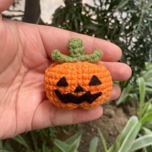 May include: A small, crocheted orange pumpkin with a green stem and a carved jack-o'-lantern face. The pumpkin has black triangle eyes and a smiling mouth. The handmade decoration is perfect for Halloween.