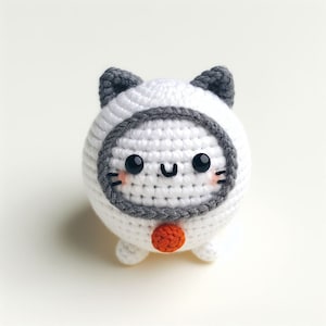 Op de afbeelding: Witte gehaakte kat met grijze oren en een grijze cirkel rond zijn gezicht. De kat heeft zwarte ogen, een roze neus en een kleine oranje pompon op zijn borst.