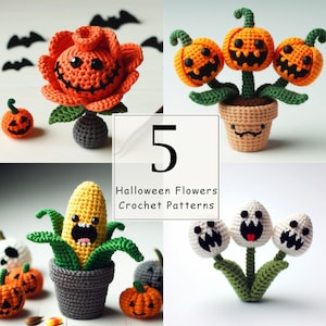 ハロウィンの花の編み図 5 点セット、あみぐるみの小さなモンスターのトウモロコシ編み図 PDF、魔女のゴシック パンプキン ローズ ひまわり チューリップ