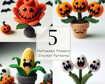 May include: Five crochet patterns for Halloween flower decorations. The patterns include a pumpkin flower, a ghost flower, a corn flower, and a rose flower. Each flower is in a pot with a cute face.