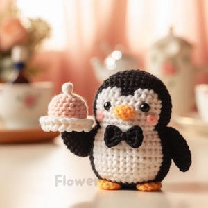 May include: A handmade crochet penguin with a black bow tie, holding a pink cupcake on a white plate. The penguin has a white belly, black and white head, orange beak, and rosy cheeks. The word "Flower" is visible at the bottom.