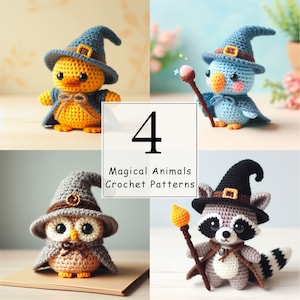 Peut inclure: Quatre modèles de crochet d'animaux magiques sont présentés : un poussin jaune, un oiseau bleu, un hibou gris et un raton laveur gris et blanc. Chaque animal porte un chapeau et une cape de sorcier. Le texte "4 Magical Animals Crochet Patterns" est inclus.