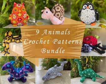 African Flower Animal Crochet Set of 9 Patterns , Amigurumi Snail Crochet , Owl Penguin Pattern , Dino Dragon Crochet , Dolphin Crochet