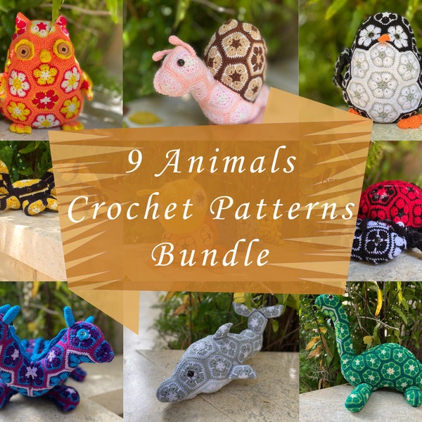 African Flower Animal Crochet Set of 9 Patterns , Amigurumi Snail Crochet , Owl Penguin Pattern , Dino Dragon Crochet , Dolphin Crochet