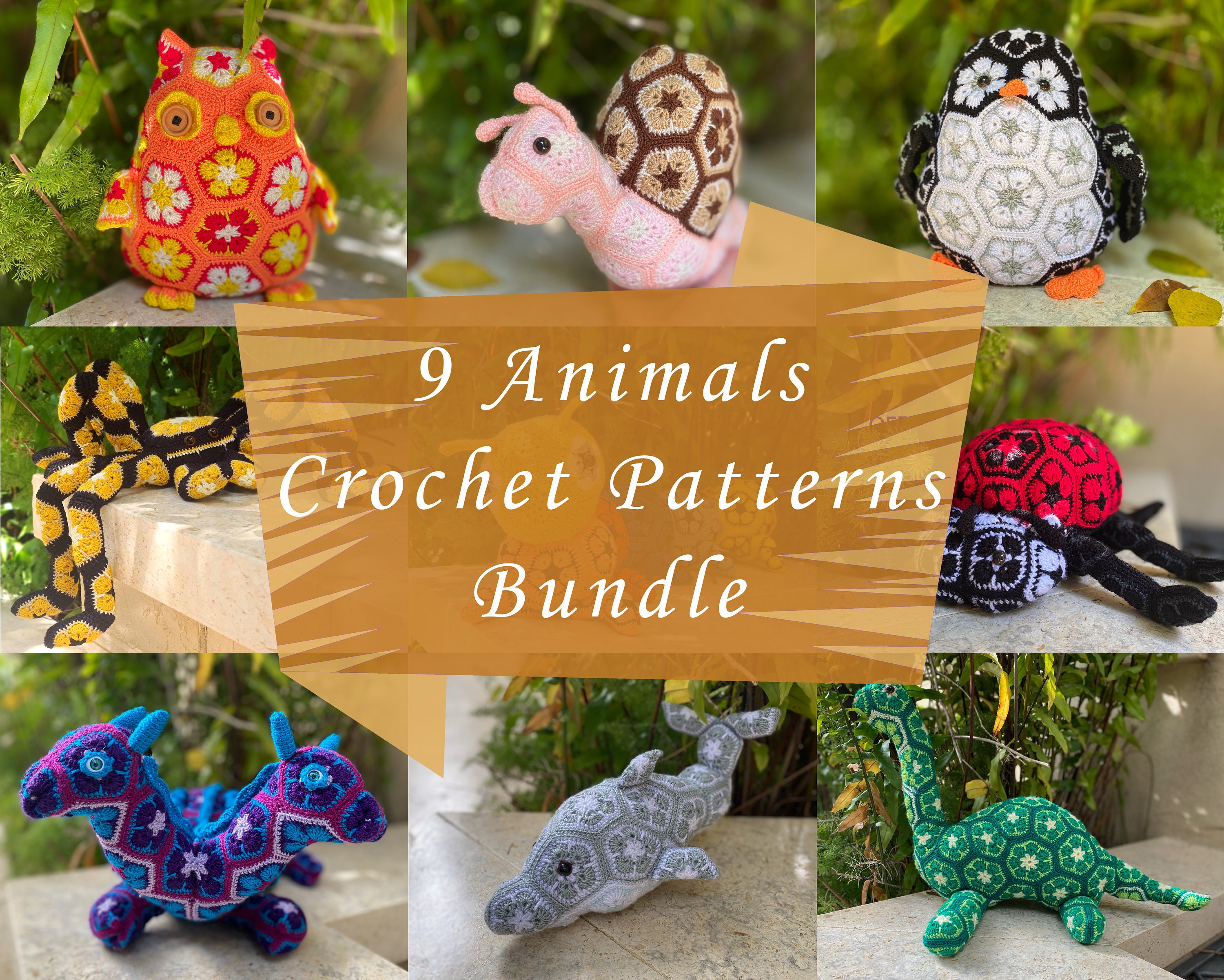 African Flower Animal Crochet Set of 9 Patterns , Amigurumi Snail Crochet , Owl Penguin Pattern , Dino Dragon Crochet , Dolphin Crochet