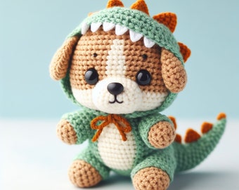 Dog in a Dino Costume Crochet Pattern , Amigurumi Animal Funny Crochet PDF Ebook , Beginners Dinosaur Crochet Kids Toy Pattern