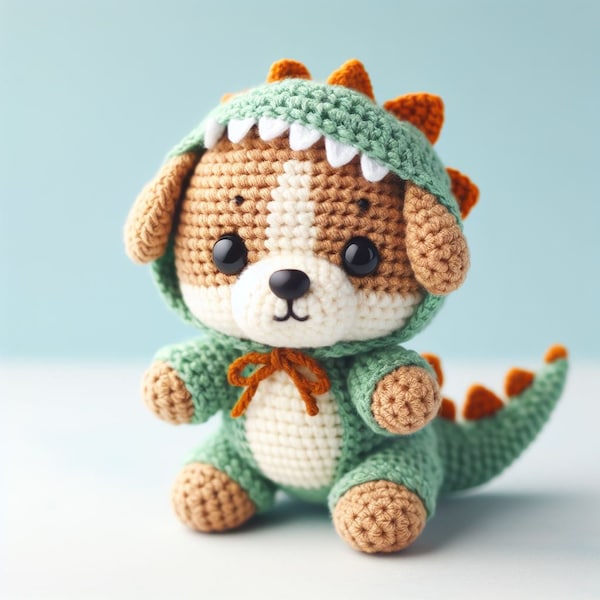 Modello uncinetto cane in costume da dinosauro, ebook PDF divertente animale Amigurumi all'uncinetto, modello giocattolo per bambini all'uncinetto per dinosauri per principianti