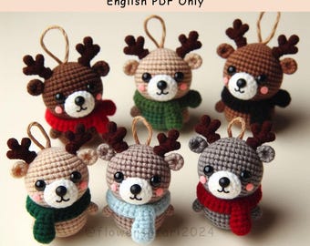 Christmas Deer Ornament Crochet English Pattern , Amigurumi Forest Animal With a Scarf Crochet PDF Ebook , Beginners Crochet Kids Pattern