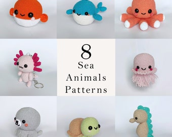 May include: Eight crochet patterns for sea animals, including a turtle, octopus, seahorse, jellyfish, axolotl, whale, seal, and pufferfish. The patterns are displayed on a white background.