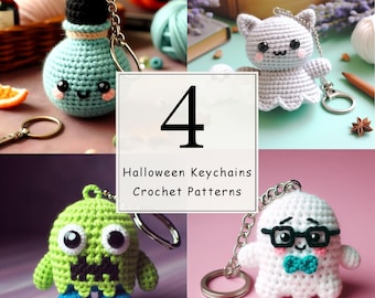 Puede incluir: Cuatro patrones de llavero de Halloween de ganchillo. Los patrones incluyen un monstruo verde, un fantasma blanco con gafas, un fantasma blanco con orejas de gato y una botella de poción azul.