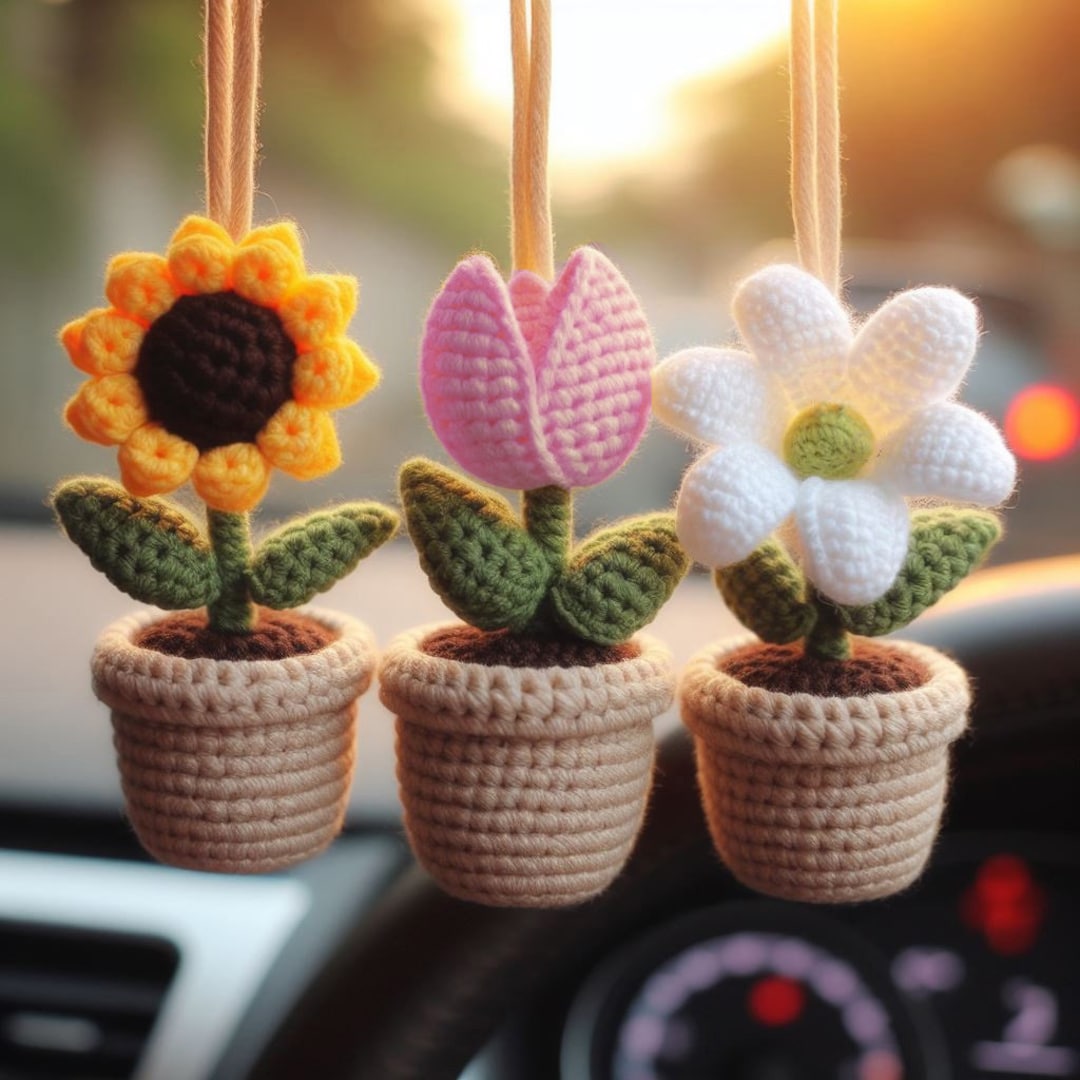 Car Hanging Plant Crochet Pattern Set of 3, Crochet Sunflower Pattern, Crochet Hanging Tulip. Hanging Basket Lily Crochet