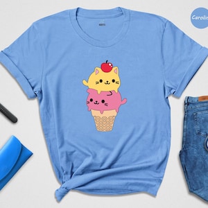 Kawaii Cat Ice Cream Shirt, Cute Cat Lover Tee, Funny Summer T-Shirt, Gift for Cat Mom, Kids Teens Adult Sizes image 1