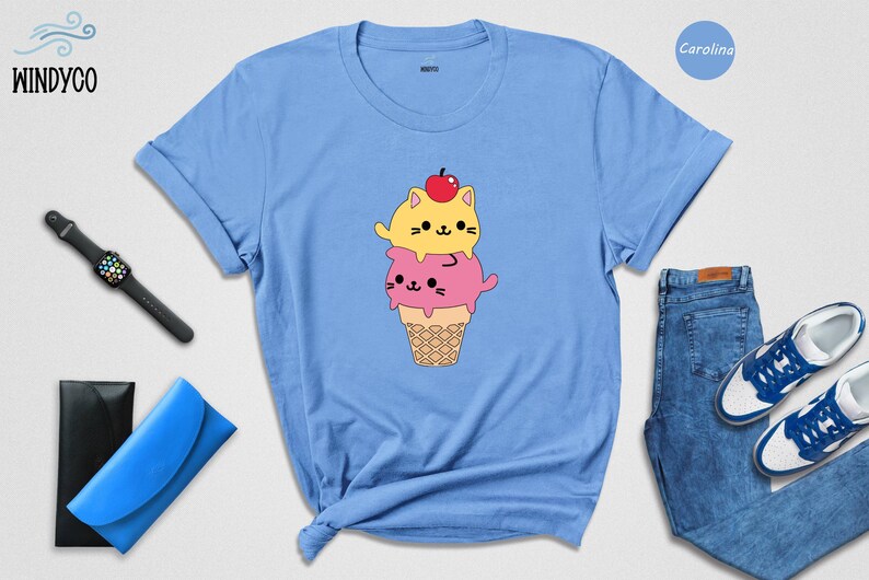 Kawaii Cat Ice Cream Shirt, Cute Cat Lover Tee, Funny Summer T-Shirt, Gift for Cat Mom, Kids Teens Adult Sizes image 1